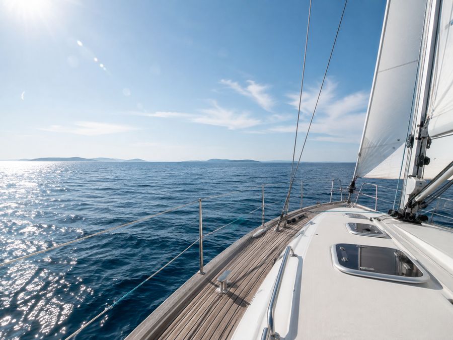 Blick vom Deck einer Segelyacht auf das offene Meer